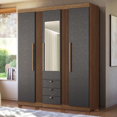 Guarda-Roupa Casal Aurora 3 Portas 3 Gavetas com Espelho Ripado Jatoba/Grafite - Santos Andirá