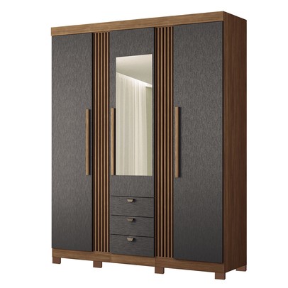 Guarda-Roupa Casal Aurora 3 Portas 3 Gavetas com Espelho Ripado Jatoba/Grafite - Santos Andirá