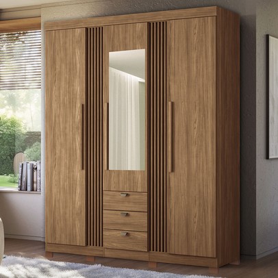 Guarda-Roupa Casal Aurora 3 Portas 3 Gavetas com Espelho Ripado Jatoba - Santos Andirá