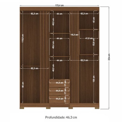 Guarda-Roupa Casal Aurora 3 Portas 3 Gavetas com Espelho Ripado Jatoba - Santos Andirá