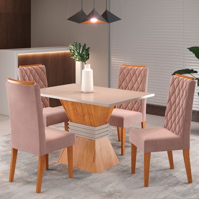 Mesa de Jantar 4 Lugares Cristal Mel/Blonde/Veludo Rosa - Pnr Móveis