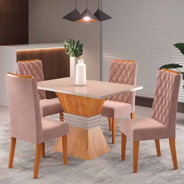 Mesa de Jantar 4 Lugares Cristal Mel/Blonde/Veludo Rosa - Pnr Móveis
