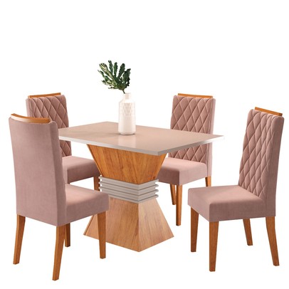 Mesa de Jantar 4 Lugares Cristal Mel/Blonde/Veludo Rosa - Pnr Móveis