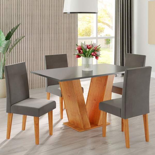 Mesa de Jantar 4 Lugares Lidia Vênus Mel/Cinza Brilho/Veludo Grafite - Pnr Móveis
