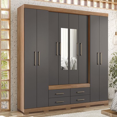 Guarda-Roupa Casal Nápoles 8 Portas 4 Gavetas com Espelho Jatoba/Grafite - Santos Andirá