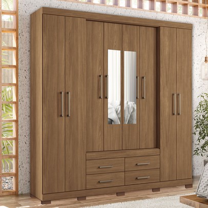 Guarda-Roupa Casal Nápoles 8 Portas 4 Gavetas com Espelho Jatoba - Santos Andirá