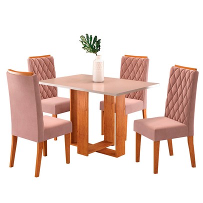 Mesa de Jantar 4 Lugares Tais Mel/Blonde/Veludo Rosa - Pnr Móveis