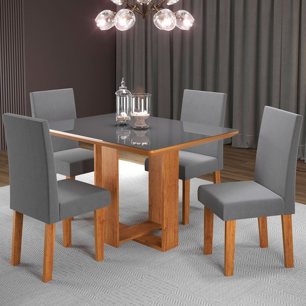 Mesa de Jantar 4 Lugares Shirley Mel/Veludo Cinza/Grafite - Pnr Móveis