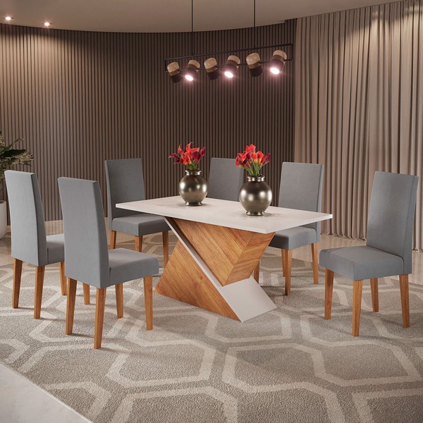 Mesa de Jantar 6 Lugares Andreia Mel/Blonde/Veludo Cinza - Pnr Móveis