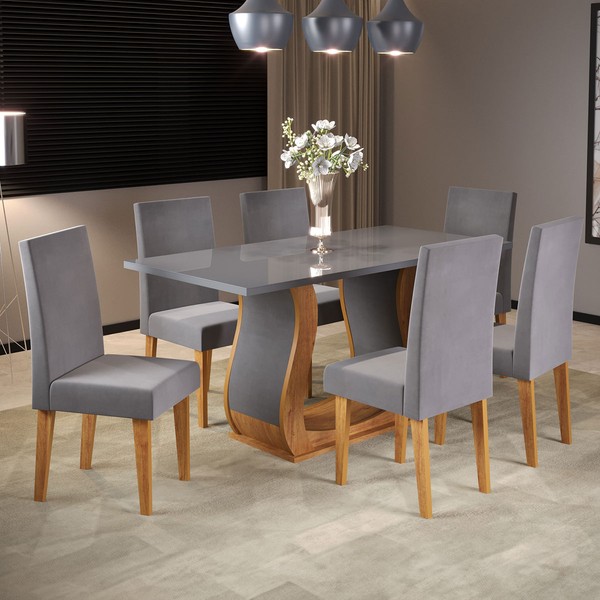 Mesa de Jantar 6 Lugares Escócia Mel/Grafite/Veludo Grafite - Pnr Móveis