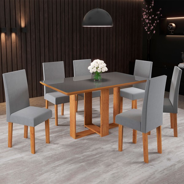 Mesa de Jantar 6 Lugares Catarina com Vidro Mel/Veludo Cinza/Grafite - Pnr Móveis