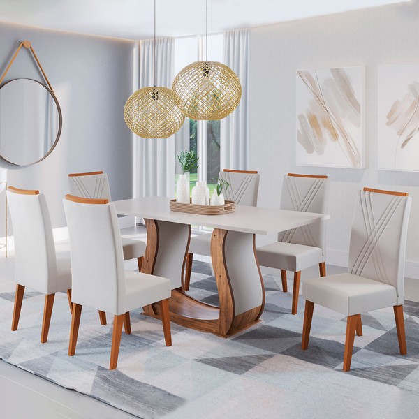 Mesa de Jantar 6 Lugares Cassia Imbuia/Blonde/Veludo Marfim - Pnr Móveis