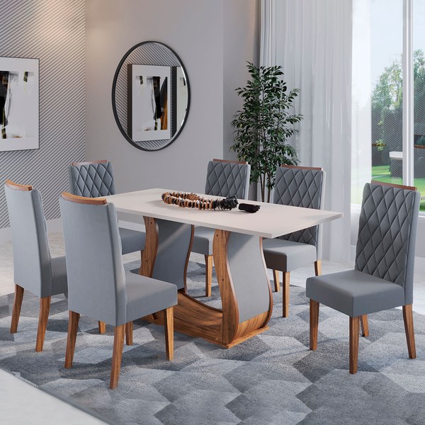 Mesa de Jantar 6 Lugares Evellyn Imbuia/Blonde/Veludo Cinza - Pnr Móveis