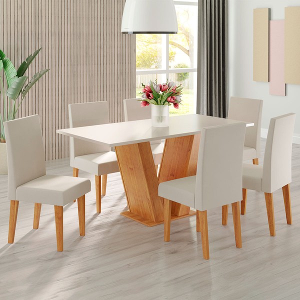 Mesa de Jantar 6 Lugares Lidia Vênus Mel/Blonde/Veludo Marfim - Pnr Móveis