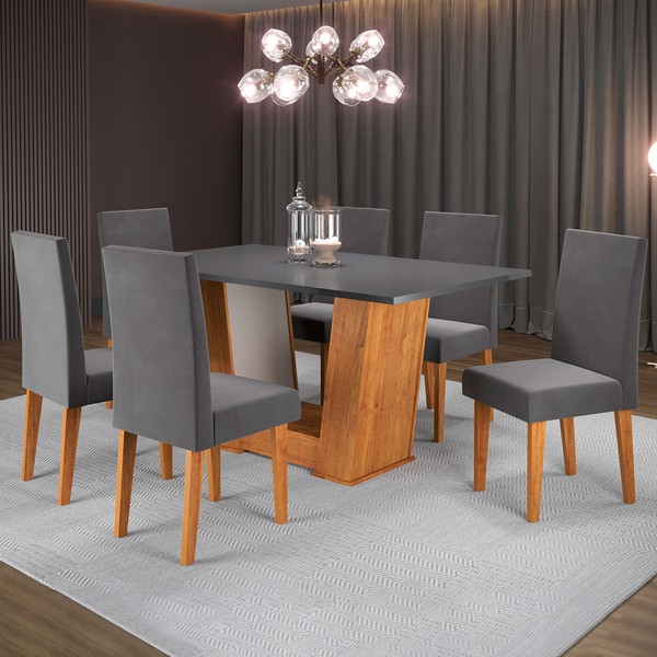 Mesa de Jantar 6 Lugares Grazi Mel/Cinza/Veludo Grafite - Pnr Móveis
