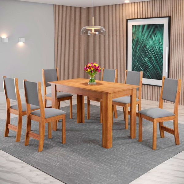 Mesa de Jantar 6 Lugares Valentina Mel/Veludo Cinza - Pnr Móveis
