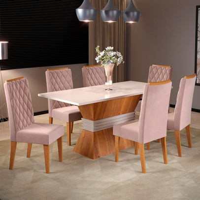 Mesa de Jantar 6 Lugares Lia Mel/Blonde/Veludo Rosa - Pnr Móveis