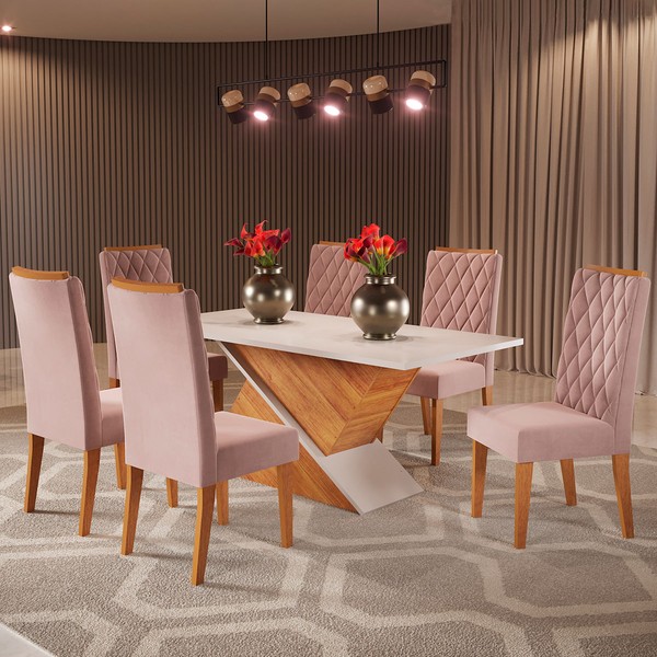 Mesa de Jantar 6 Lugares Marilda Mel/Blonde/Veludo Rosa - Pnr Móveis