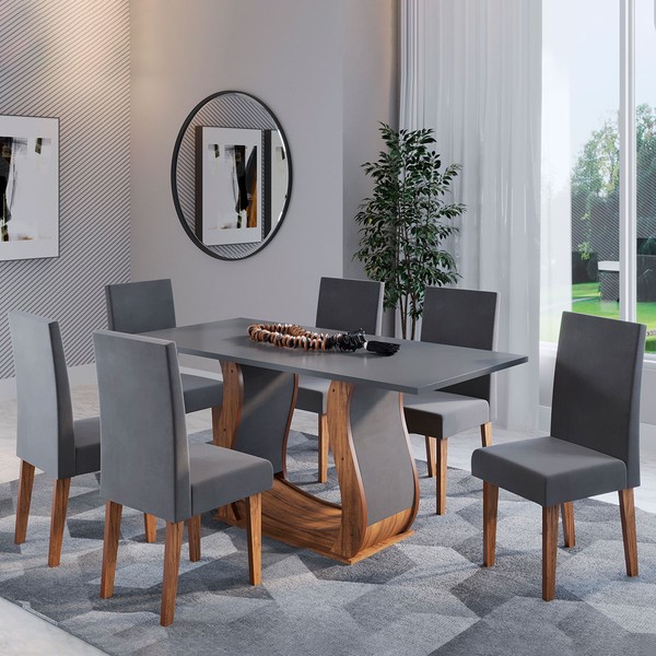 Mesa de Jantar 6 Lugares Persia Imbuia/Cinza/Veludo Grafite - Pnr Móveis