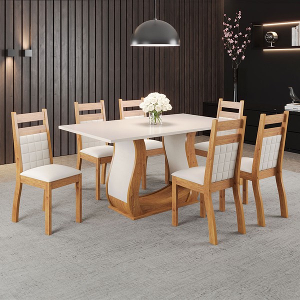 Mesa de Jantar 6 Lugares Rayssa Sicilia Mel/Blonde/Veludo/Marfim - Pnr Móveis