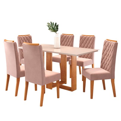Mesa de Jantar 6 Lugares Giordina Mel/Blonde/Veludo Rosa - Pnr Móveis