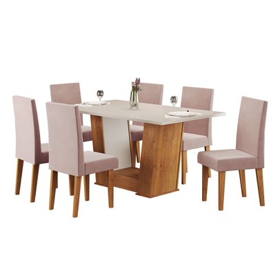 Mesa de Jantar 6 Lugares Marte Mel/Blonde/Veludo/Rosa - Pnr Móveis