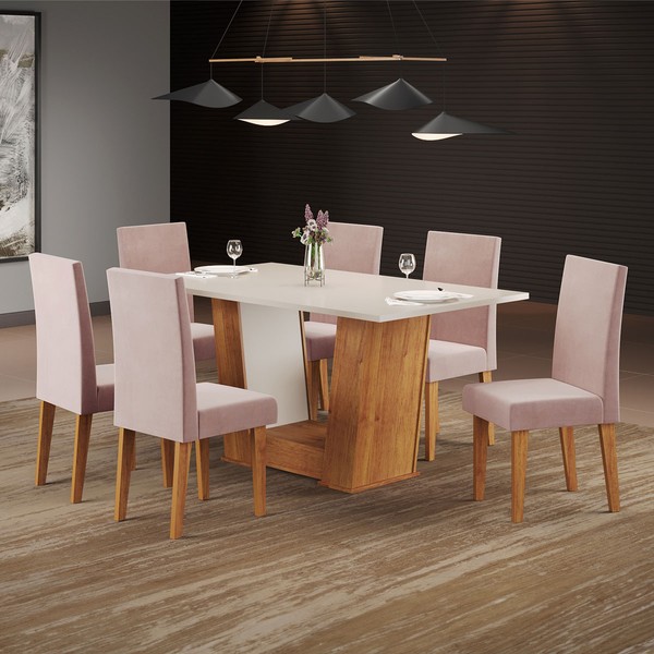 Mesa de Jantar 6 Lugares Marte Mel/Blonde/Veludo/Rosa - Pnr Móveis