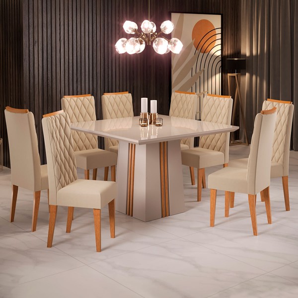 Mesa de Jantar 8 Lugares Amabile com Vidro Mel/Nude/Off White - Pnr Móveis