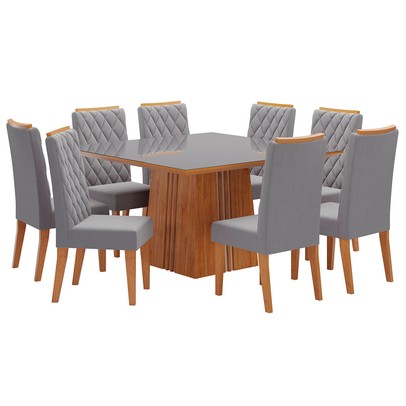Mesa de Jantar 8 Lugares Amabile com Vidro Mel/Veludo Cinza/Grafite - Pnr Móveis