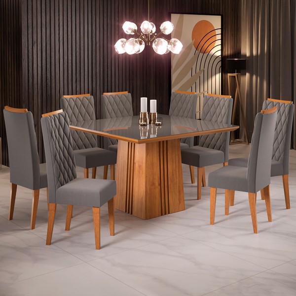 Mesa de Jantar 8 Lugares Amabile com Vidro Mel/Veludo Cinza/Grafite - Pnr Móveis