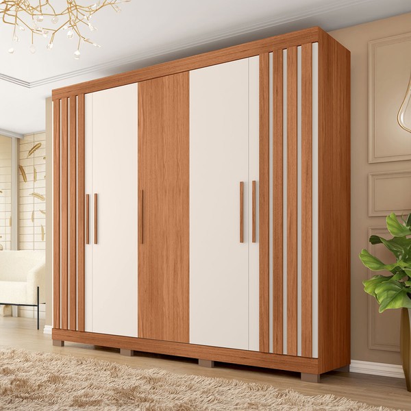 Guarda Roupa Casal Antonella 5 Portas 2 Gavetas Freijo/Off White - Pnr Móveis