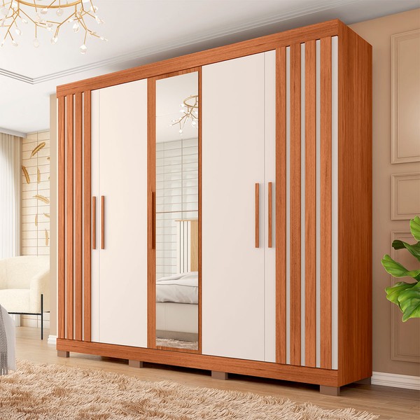 Guarda-Roupa Casal Antonella 5 Portas 2 Gavetas com Espelho Freijó/Off White - Pnr Móveis