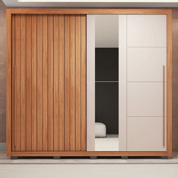 Guarda-Roupa Casal Castellana 2 Portas 4 Gavetas com Espelho Freijo/Off White - Pnr Móveis