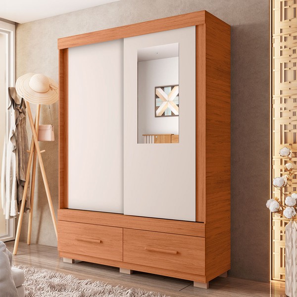 Guarda-Roupa Solteiro Dali 2 Portas 2 Gavetas com Espelho Freijo/Off White - Pnr Móveis