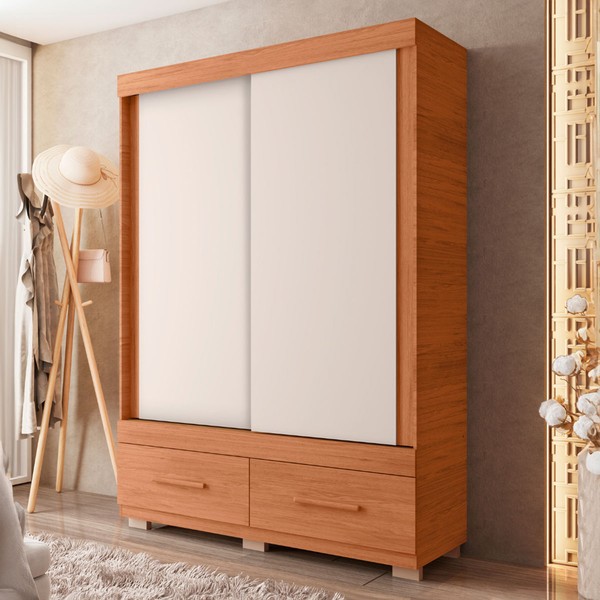 Guarda-Roupa Solteiro Dali 2 Portas 2 Gavetas Freijo/Off White - Pnr Móveis