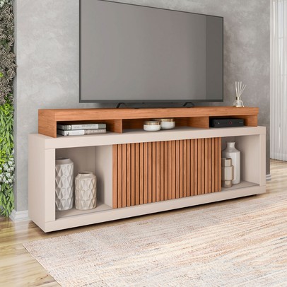 Rack para TV 75 Polegadas 2 Portas com Ripado Puerto Freijo/Off White - Pnr Móveis