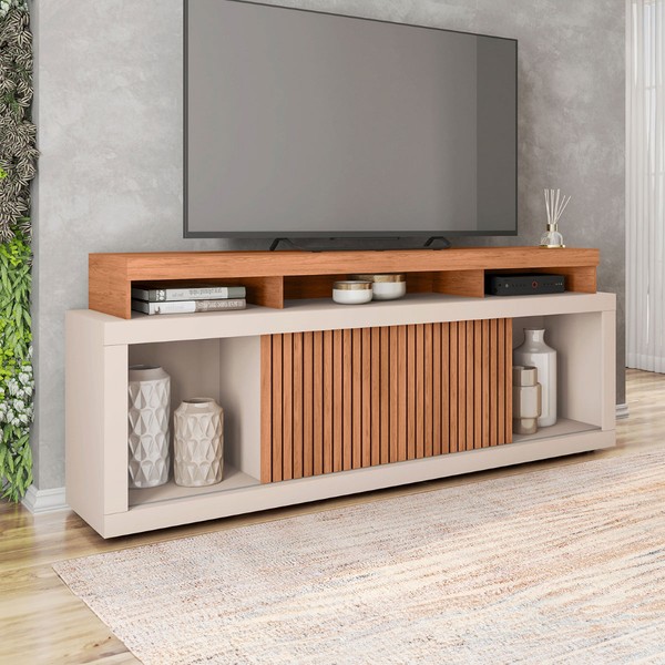 Rack para TV 75 Polegadas 2 Portas com Ripado Puerto Freijo/Off White - Pnr Móveis