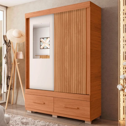 Guarda-Roupa Solteiro Sereno 2 Portas 2 Gavetas com Espelho Freijó/Off White - Caemmun