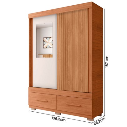 Guarda-Roupa Solteiro Sereno 2 Portas 2 Gavetas com Espelho Freijó/Off White - Caemmun