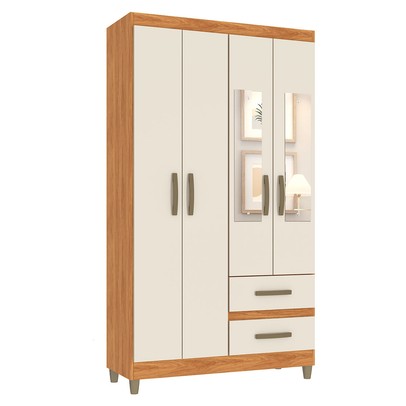 Guarda-Roupa Solteiro Illinois 4 Portas 2 Gavetas com Espelho Cinamomo/Off White - Pnr Móveis