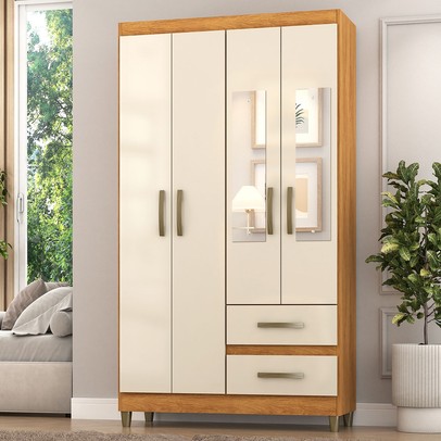 Guarda-Roupa Solteiro Illinois 4 Portas 2 Gavetas com Espelho Cinamomo/Off White - Pnr Móveis