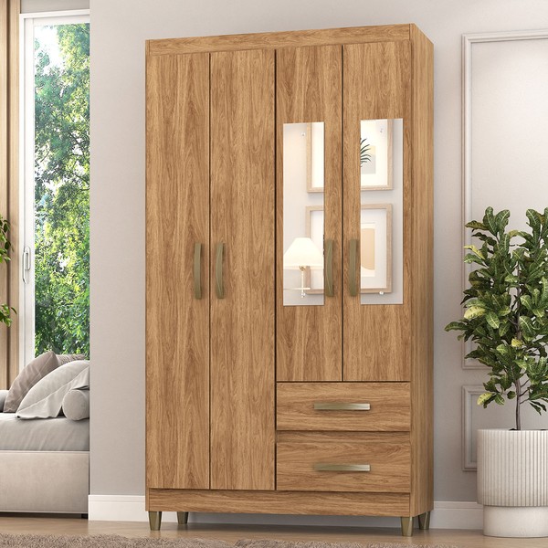 Guarda-Roupa Solteiro Illinois 4 Portas 2 Gavetas com Espelho Mel - Pnr Móveis