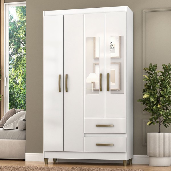 Guarda-Roupa Solteiro Illinois 4 Portas 2 Gavetas com Espelho Branco - Pnr Móveis