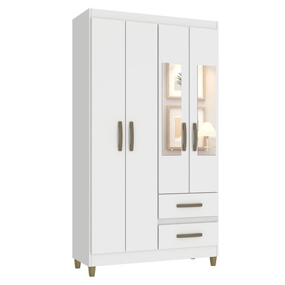 Guarda-Roupa Solteiro Illinois 4 Portas 2 Gavetas com Espelho Branco - Pnr Móveis