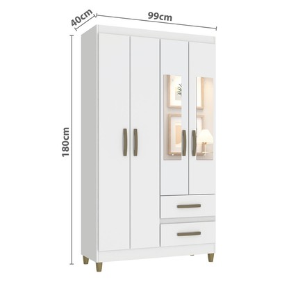 Guarda-Roupa Solteiro Illinois 4 Portas 2 Gavetas com Espelho Branco - Pnr Móveis