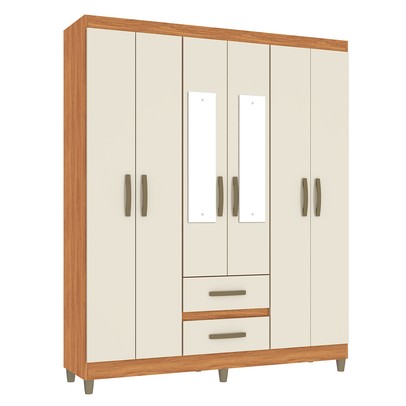 Guarda-Roupa Solteiro Celesti 6 Portas 2 Gavetas com Espelho Cinamomo/Off White - Pnr Móveis