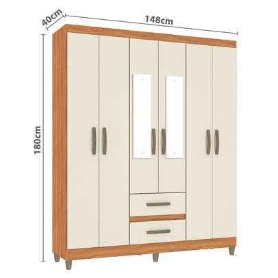 Guarda-Roupa Solteiro Celesti 6 Portas 2 Gavetas com Espelho Cinamomo/Off White - Pnr Móveis