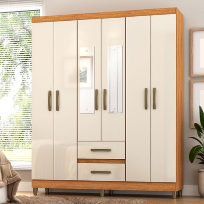 Guarda-Roupa Solteiro Celesti 6 Portas 2 Gavetas com Espelho Cinamomo/Off White - Pnr Móveis