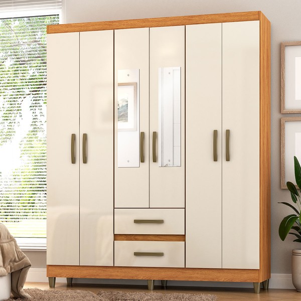 Guarda-Roupa Solteiro Celesti 6 Portas 2 Gavetas com Espelho Cinamomo/Off White - Pnr Móveis