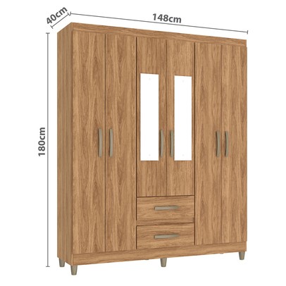 Guarda-Roupa Solteiro Celesti 6 Portas 2 Gavetas com Espelho Mel - Pnr Móveis